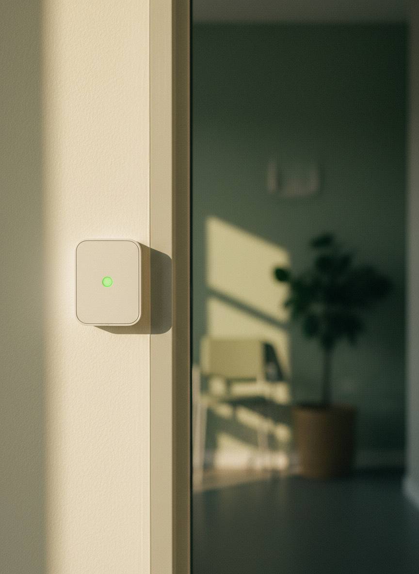 A badge reader with a small green indicator light, mounted beside a doorway in a clinic.
