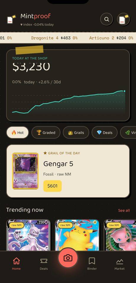 The Mintproof app home screen, showing a collection value and recently scanned cards.