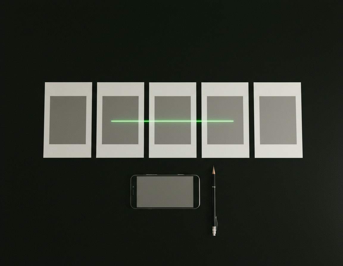 Five blank printed phone screens laid out in a row on a dark desk beside a phone and a pencil, crossed by one line of green light.