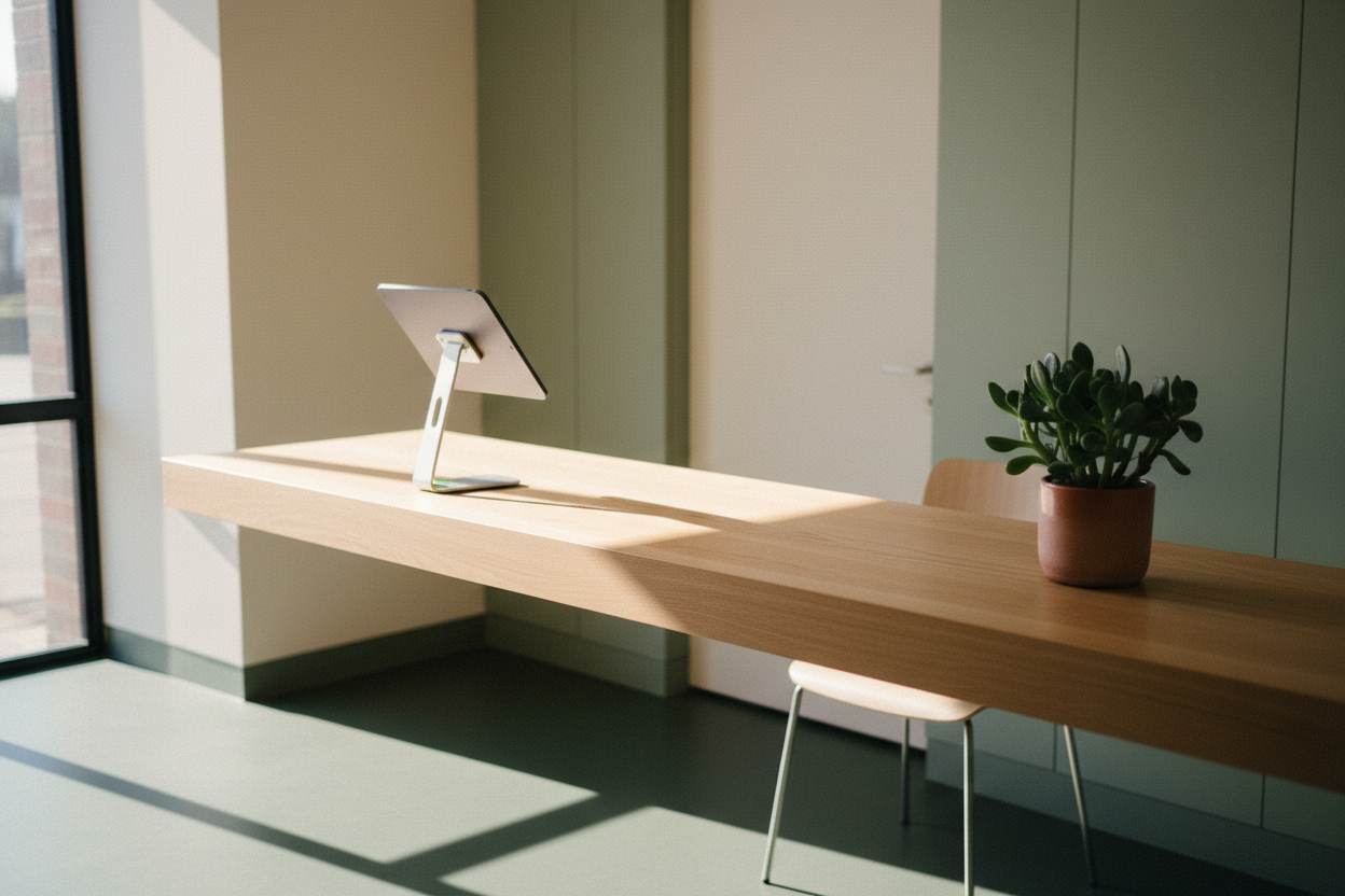 A clinic reception desk in daylight, with a tablet on a stand and a small plant.