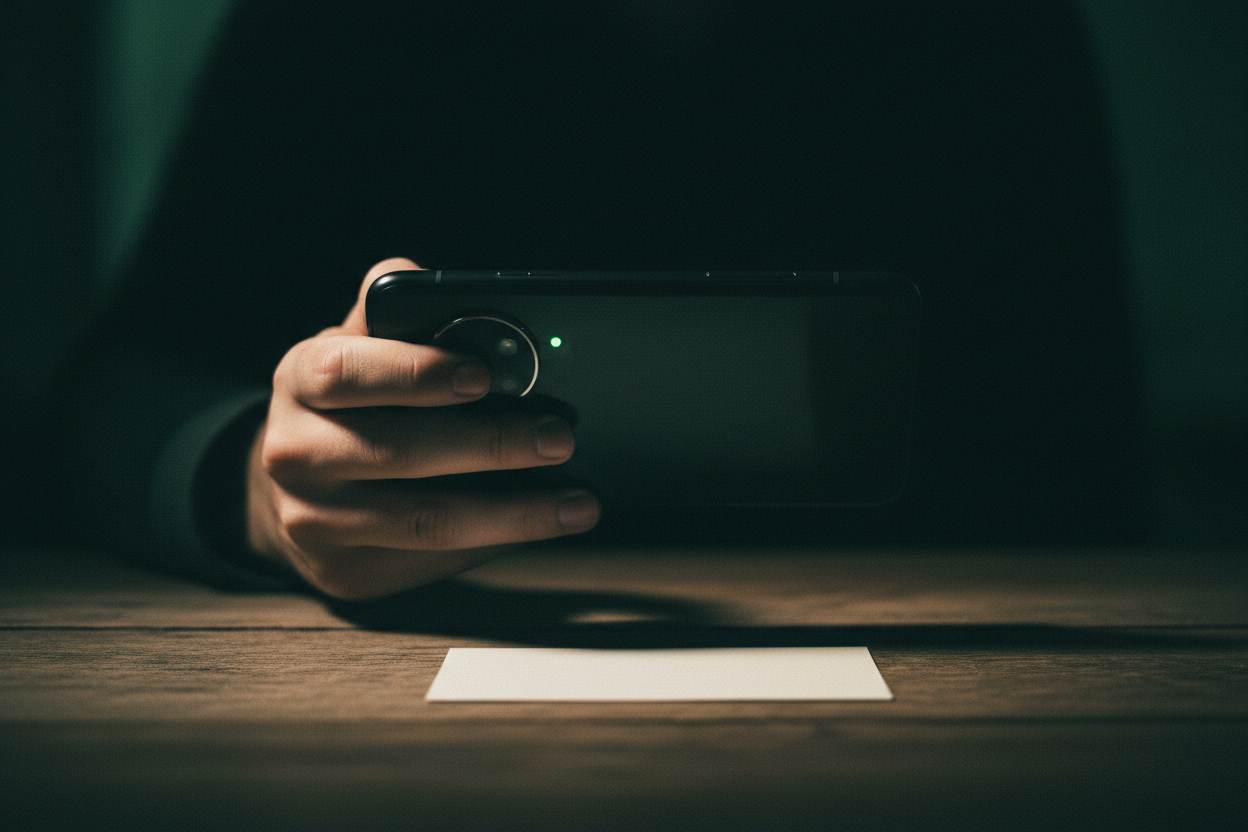 A hand holding a phone above a table, its camera pointed down at a card.