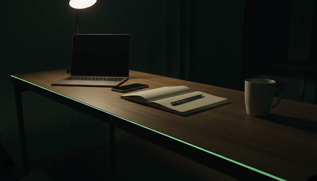 A desk at night: a closed laptop, a phone face down, an open notebook and a pencil, with a thin line of green light along the front edge.